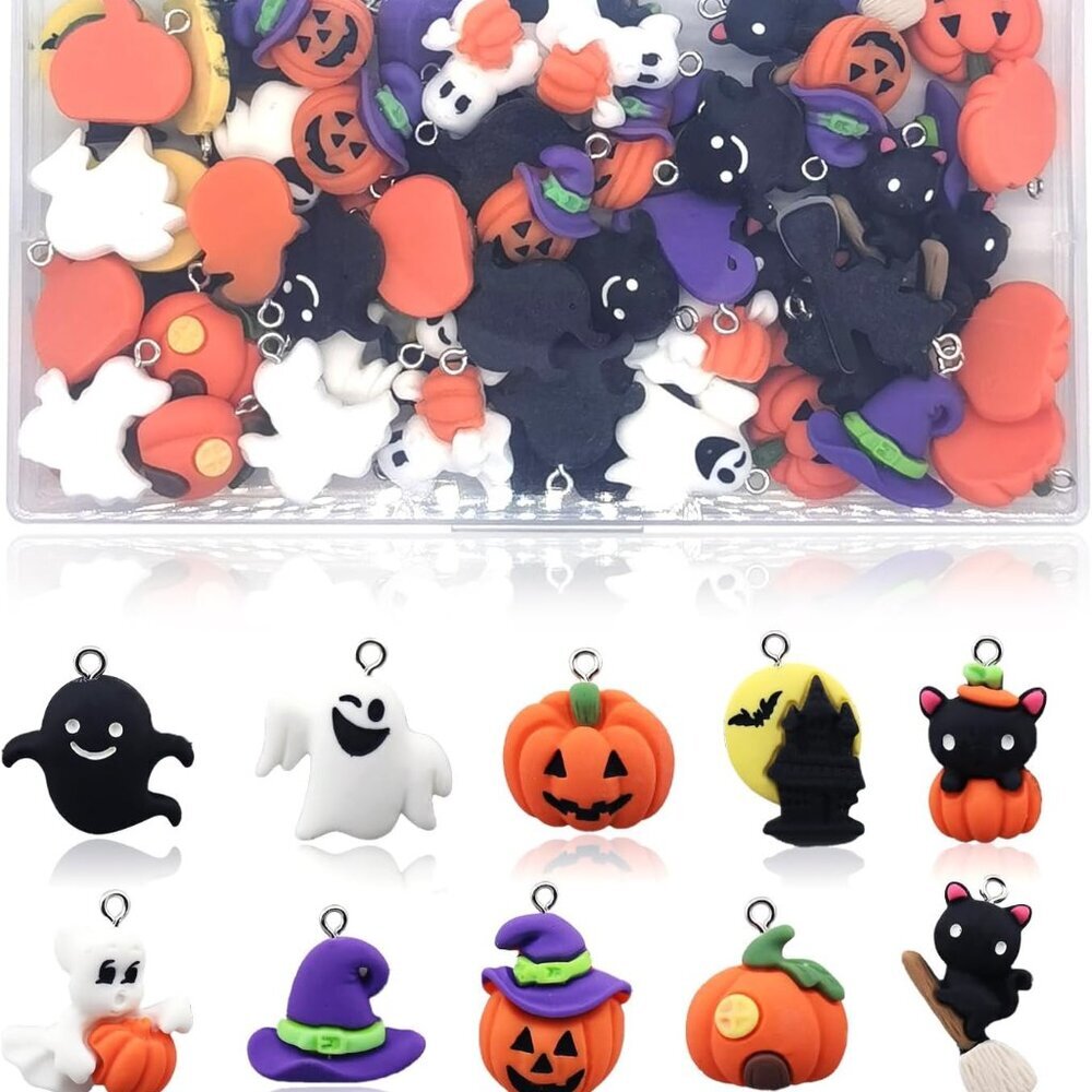 60PCS Halloween/Christmas Resin Charms for Jewelry Making Bulk with Box, 3D Cart